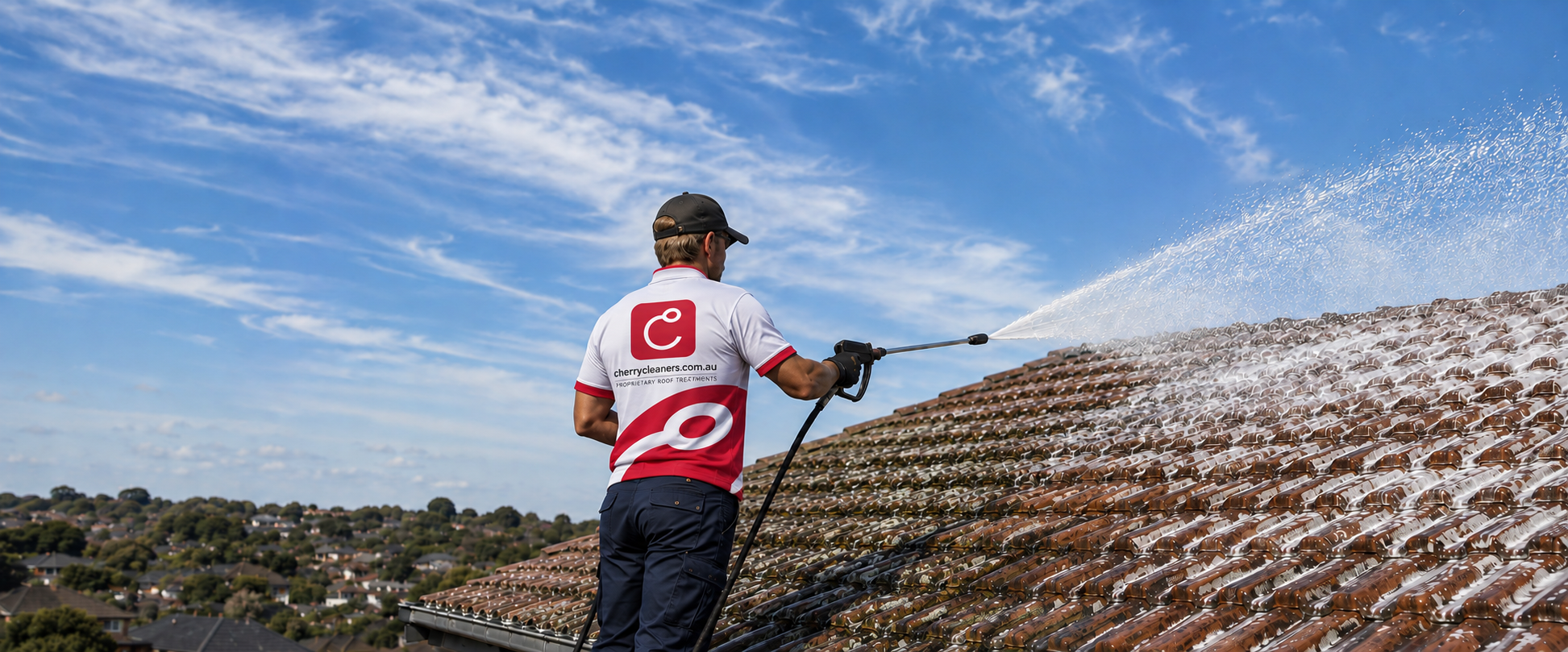 Cherry technician in the new branded polo applying soft wash treatment to a tiled roof